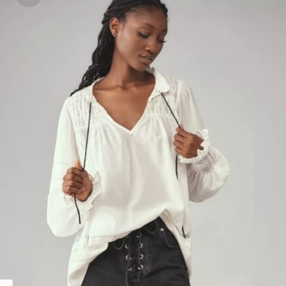 Anthropologie Blouse White Cotton Smocked Peasant Long Sleeve